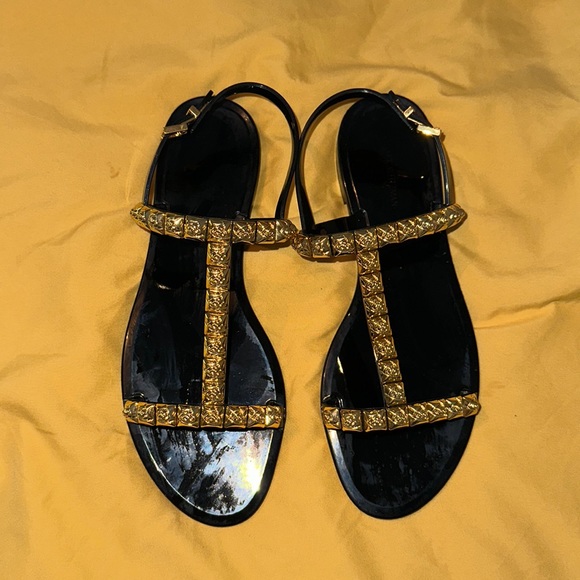 Stuart weitzman black, and gold slides sandals - Picture 1 of 4